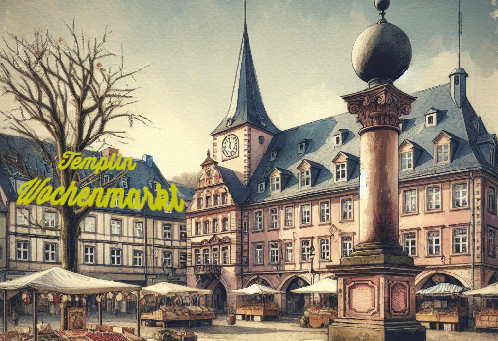 Wochenmarkt in Templin vor dem Rathaus.