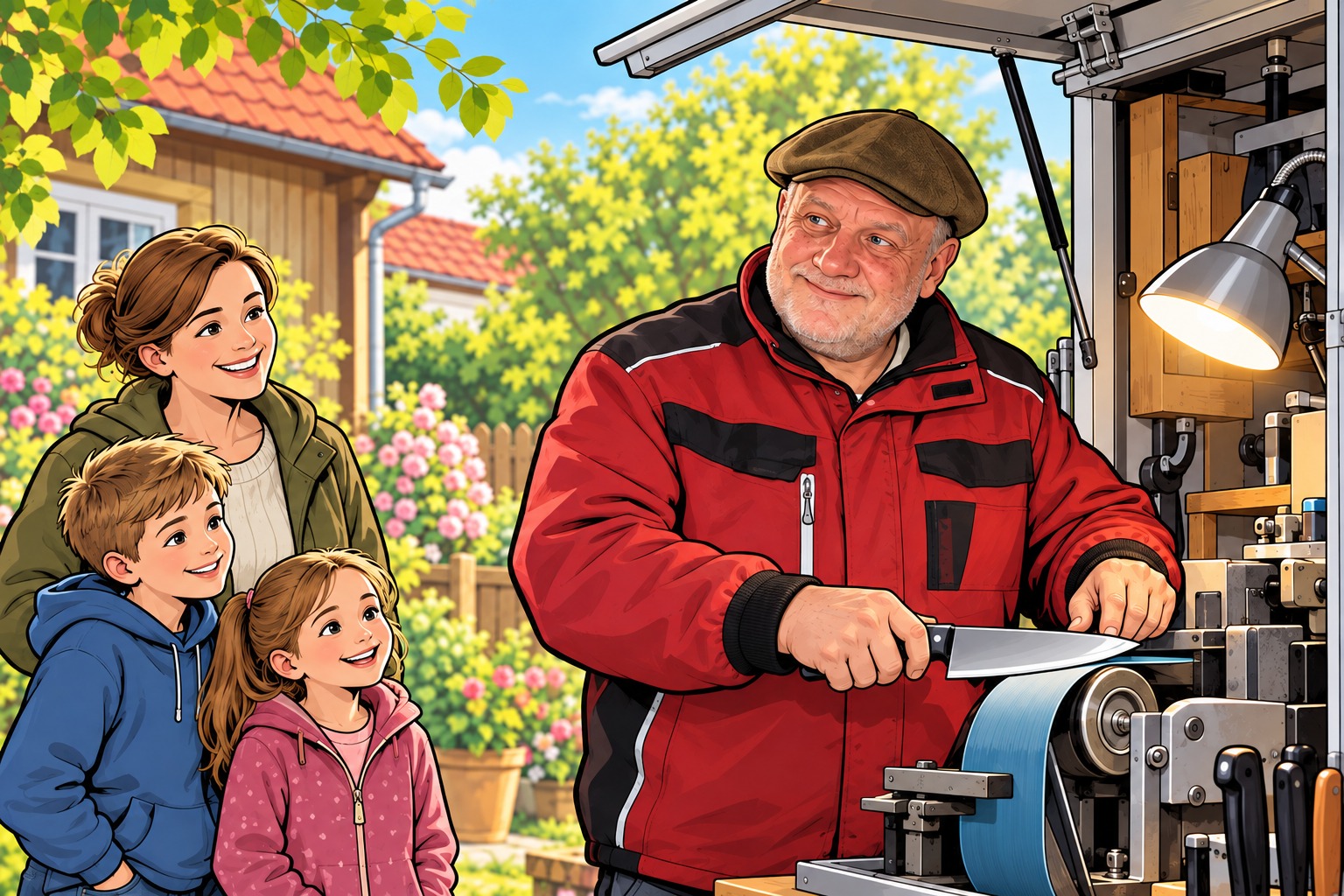 Messerschleifer bei dir vor Ort Illustration: Messerschleifer Rainer beim Schleifen auf einem Grundstück, eine Familie schaut zu.